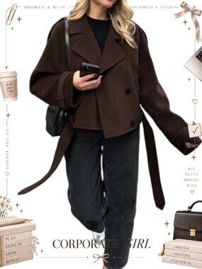 Cropped Wool Blend Pea Coat Belted Double Breasted Notched Lapel Trench Coat